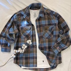 Edwin Outdoor Clothing vintage Japanese blue plaid flannel button front shirt LG
